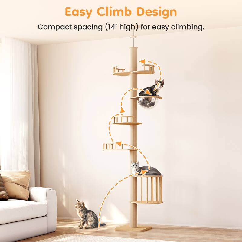 Floor-to-Ceiling Adjustable Cat Tree Tower with Acrylic Capsule - Natural