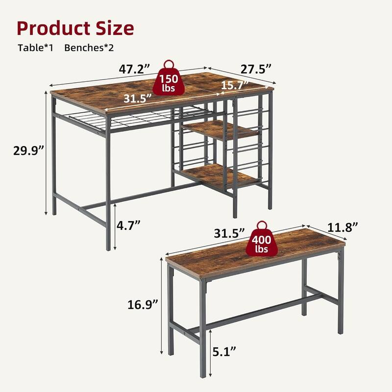 Dining Table Set with 2 Benches and Storage Shelf, Rectangular Table for Small Dining Area or Apartment