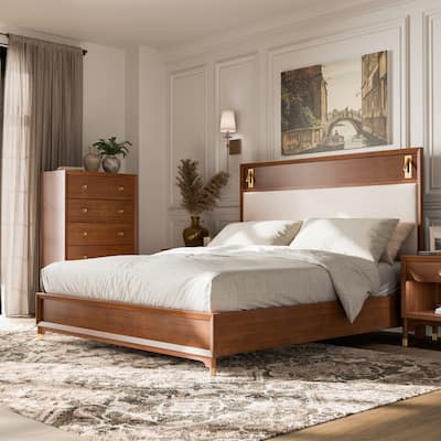 Furniture of America Forma Mid-Century Modern Walnut Boucle Platform Bed with LED Reading Light