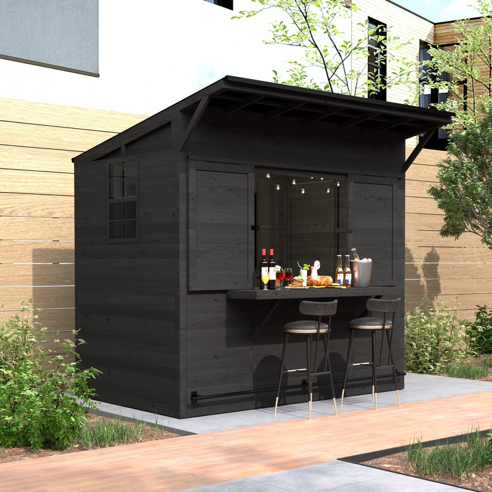 VEIKOUS 8×5FT Outdoor Wooden Bar Gazebo Shed with Lockable Windows & 3-Seat Serving Counter