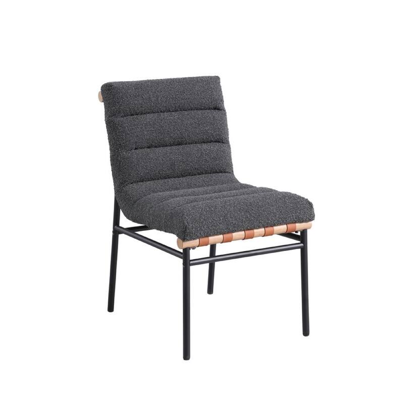 Kive Dining Chair Set of 2, Black Iron Legs, Gray Channel Tuft Boucle