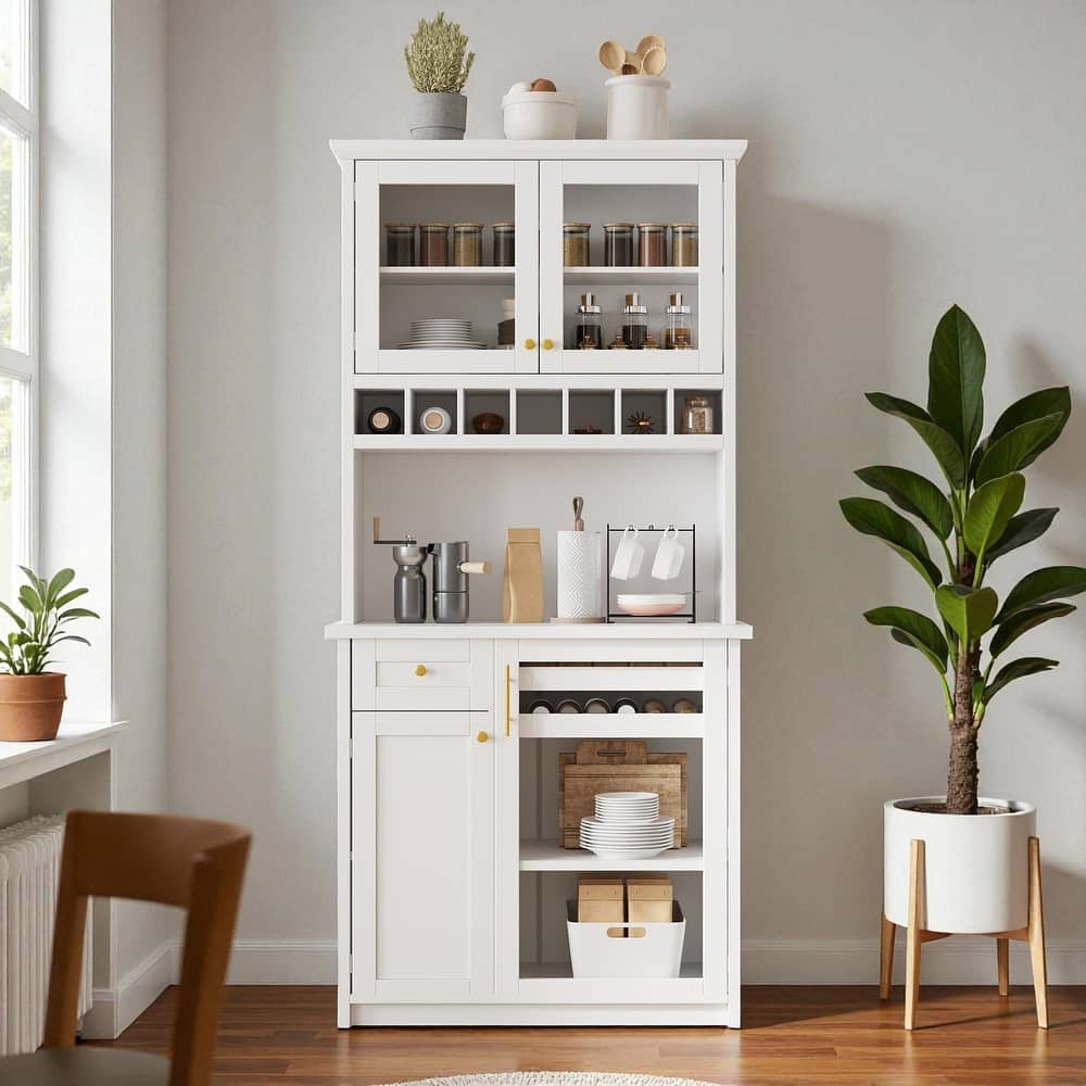 Farmhouse 35" Freestanding Buffet with Hutch, Tall Kitchen Pantry Cabinet with Wine Rack, Drawer, and Adjustable Shelves