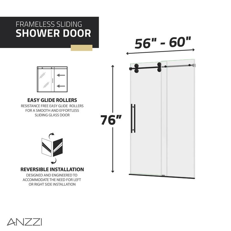 ANZZI Series 56 to 60 in. x 76 in. Frameless Shower Door with Sliding with Tsunami Guard Tempered Clear Glass