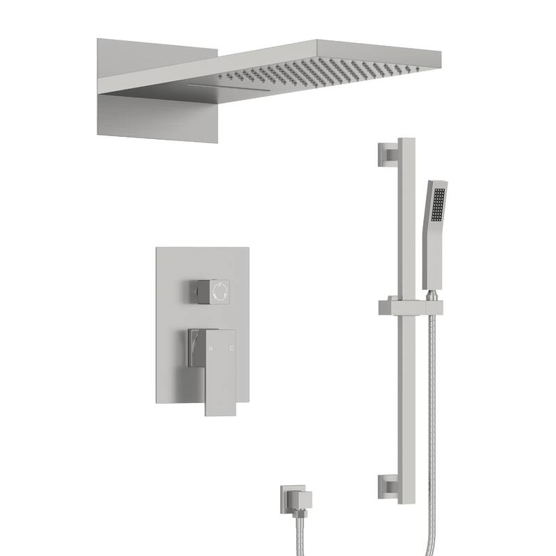 Dual-Function Wall Mounted Waterfall & Rainfall Shower Faucet Set With Rough-In Valve - 22"*10"