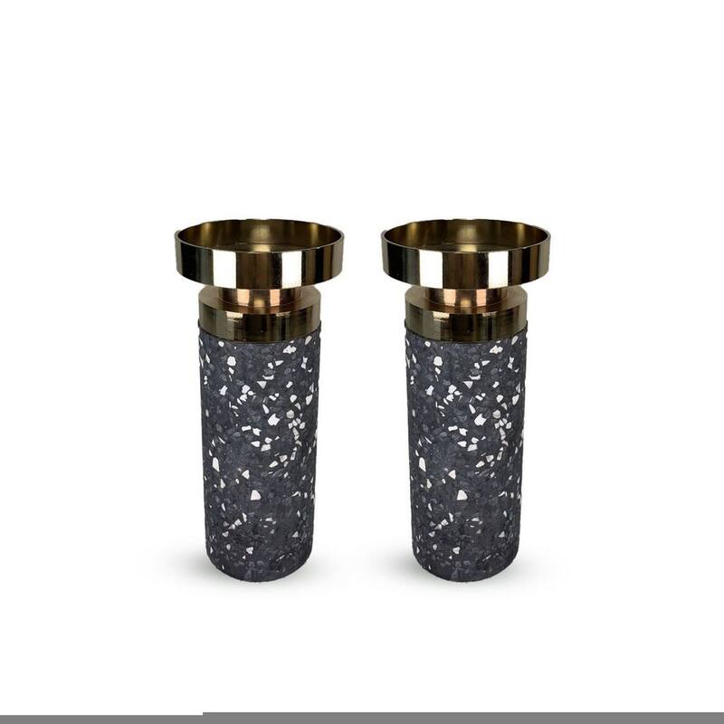 Set of Two Modern Gray Cement Candlesticks with Gold Accent