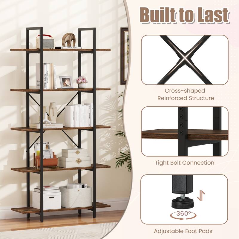 Rustic Brown Engineered Wood and Black Metal 5-Tier Bookcase Tall with Anti-Tip Kits - 31.5" L x 11" W x 62" H