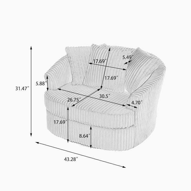 Oversized 43" W Plush Corduroy Recessed Arm Swivel Barrel Chair