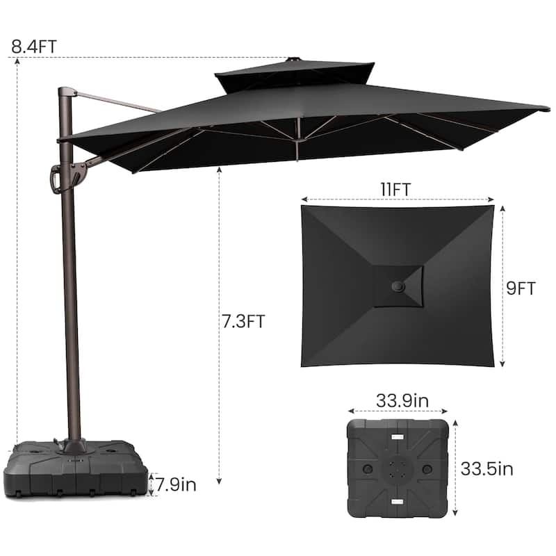 11 x 9 ft Outdoor Rectangular Patio Offset Cantilever Umbrella with 360-degree Rotation and 6 Shade Angles