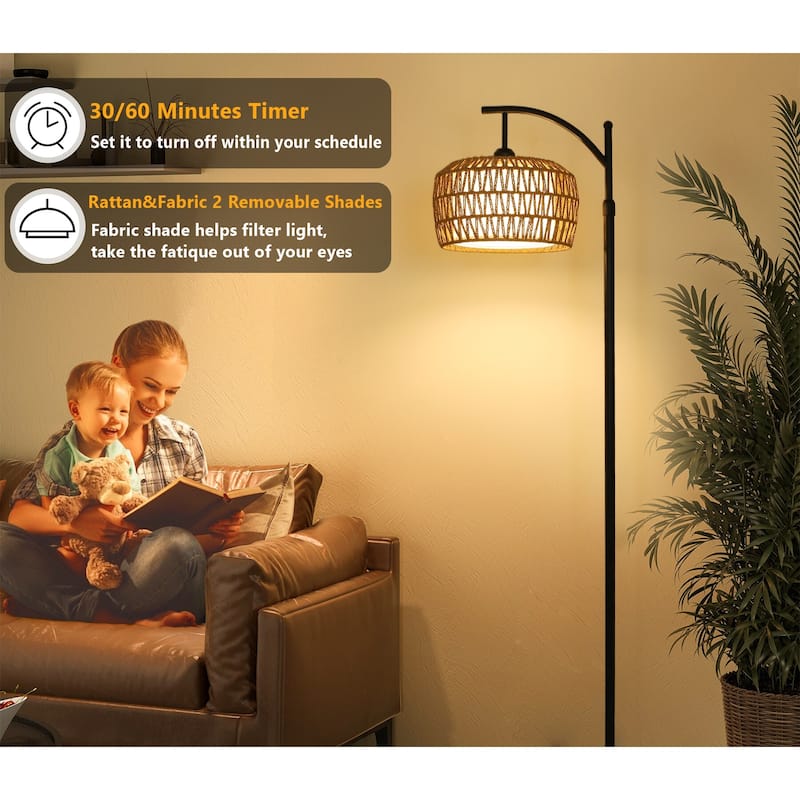 Arc Floor Lamps for Living Room, Dimmable Rattan Floor Lamp with Remote & LED Bulb, Mid Century Modern Standing Lamp