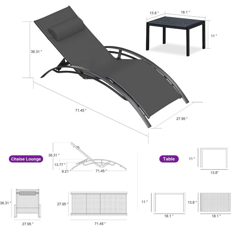 PURPLE LEAF Patio Chaise Lounge Set Outdoor Beach Pool Sunbathing Lawn Lounger Recliner Chair Side Table Included
