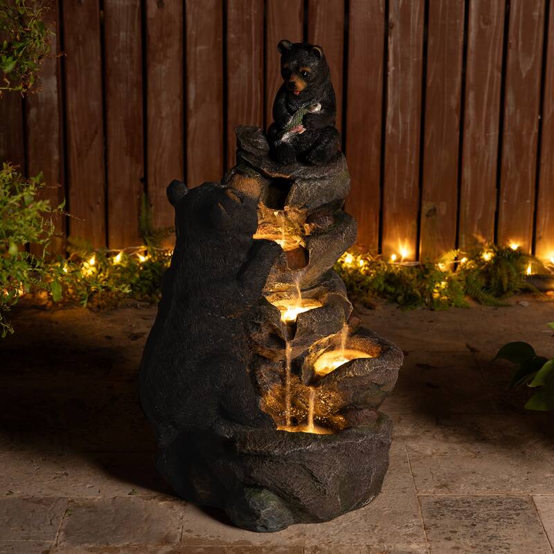 Glitzhome 30.5"H 4-Tiered LED Lighted Mom & Baby Bear Polyresin Outdoor Floor Fountain