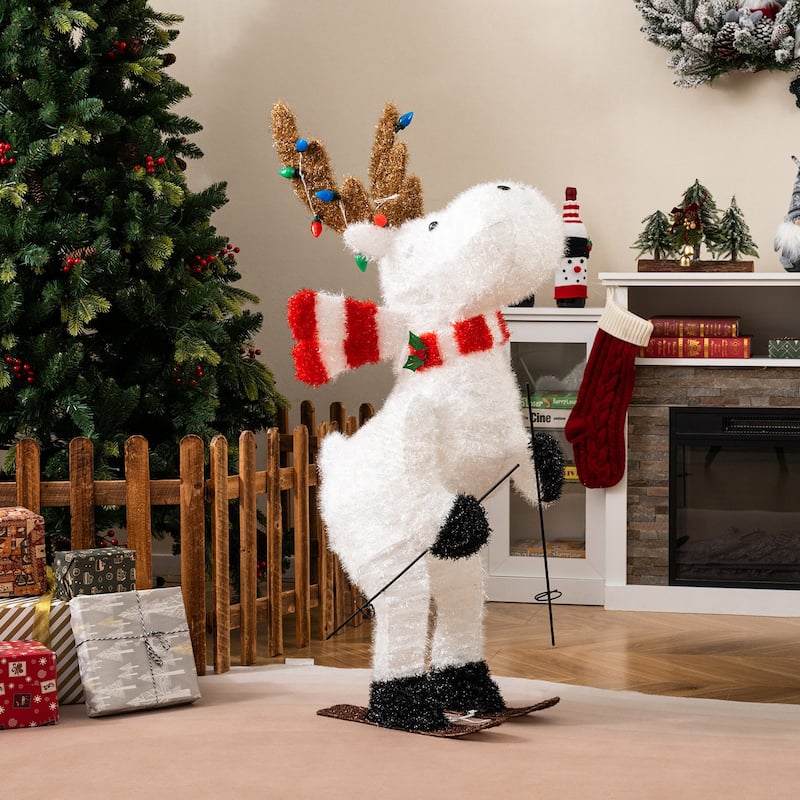 Multi-Color Fabric Metal Animated Christmas Reindeer with LED Lights and Skiing Arms - Multi Color - 24" x 16.5" x 44"