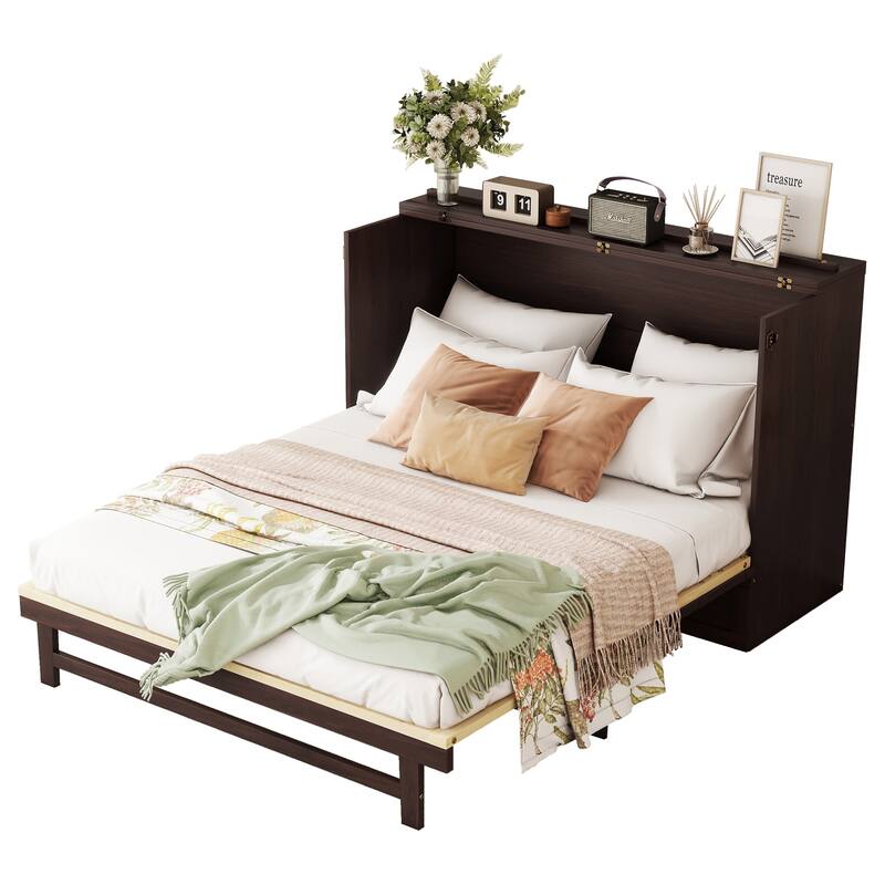 Queen Size Pine Wood Murphy Cabinet Bed with Rattan Decoration and Storage Drawer, Espresso