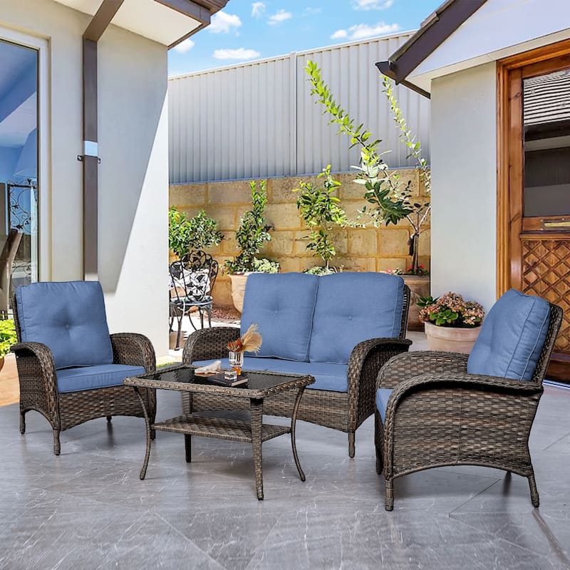 Pocassy Outdoor Patio Sofa Loveseat with Chair Coffee Table - Blue - Brown