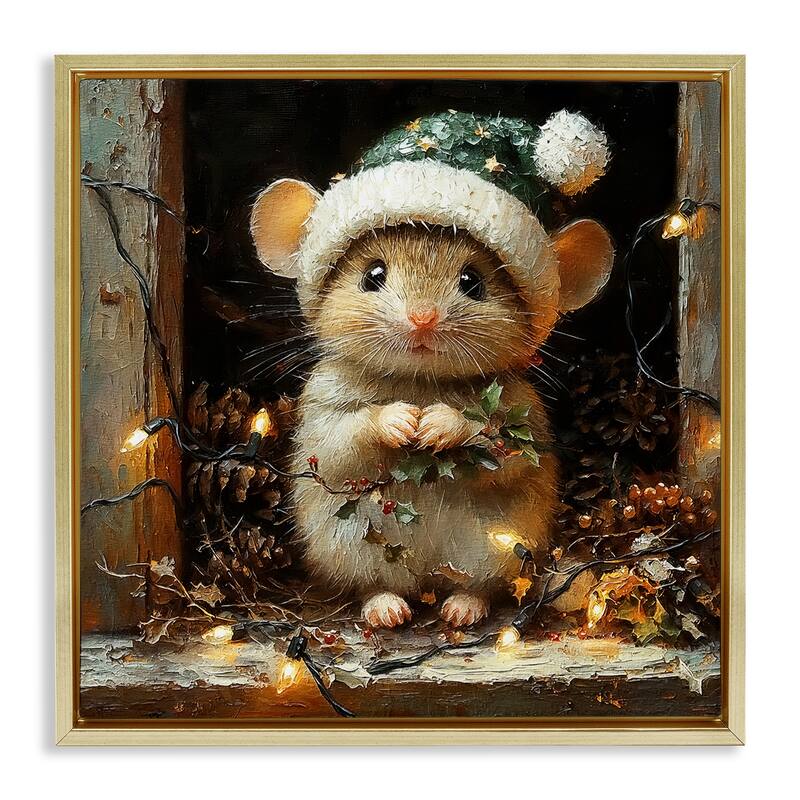 Stupell Barn Mouse with Christmas Lights Framed Floater Canvas Wall Art Design By Riley B - 18 x 18 - Gold