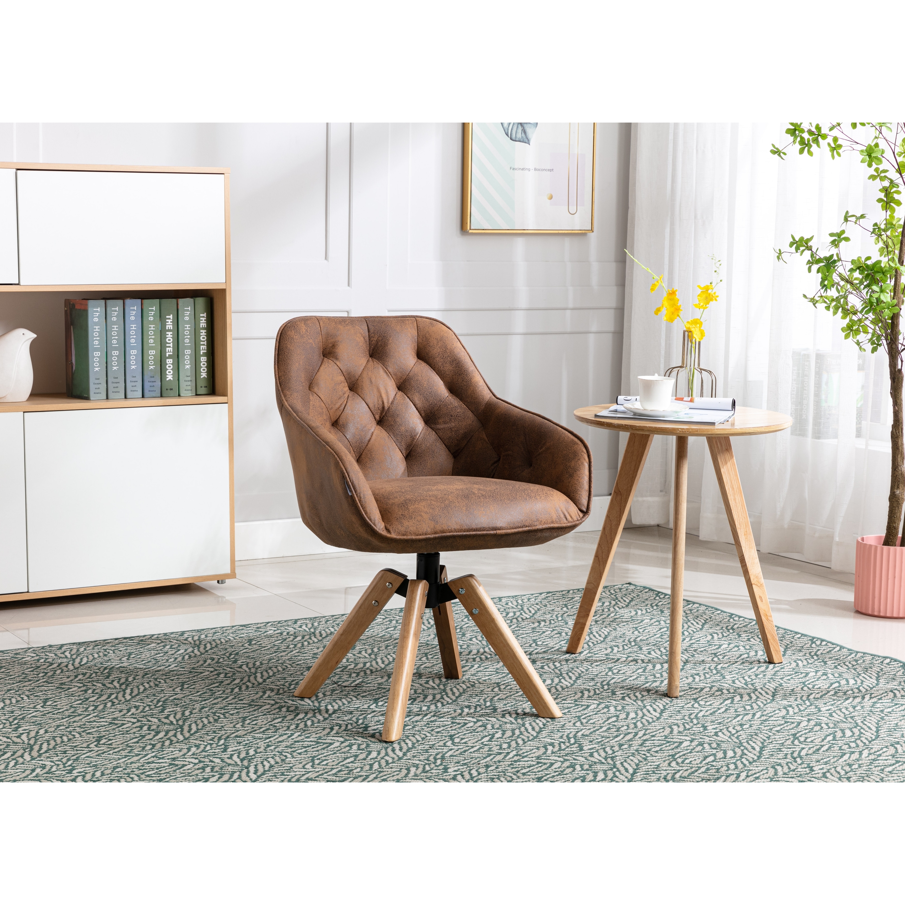 Modern Home Office Desk Chair Solid Wood Tufted Upholstered
