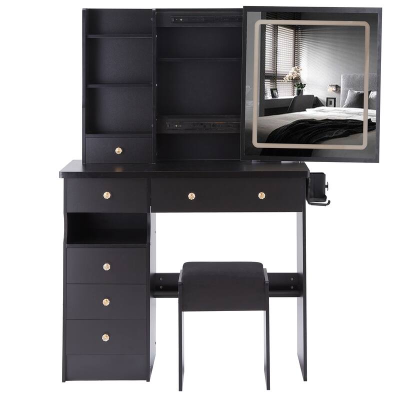 37" Middle Size Left Drawer Desktop Vanity Table + Cushioned Stool Dresser Set, Large Touch Control LED Sliding Mirror
