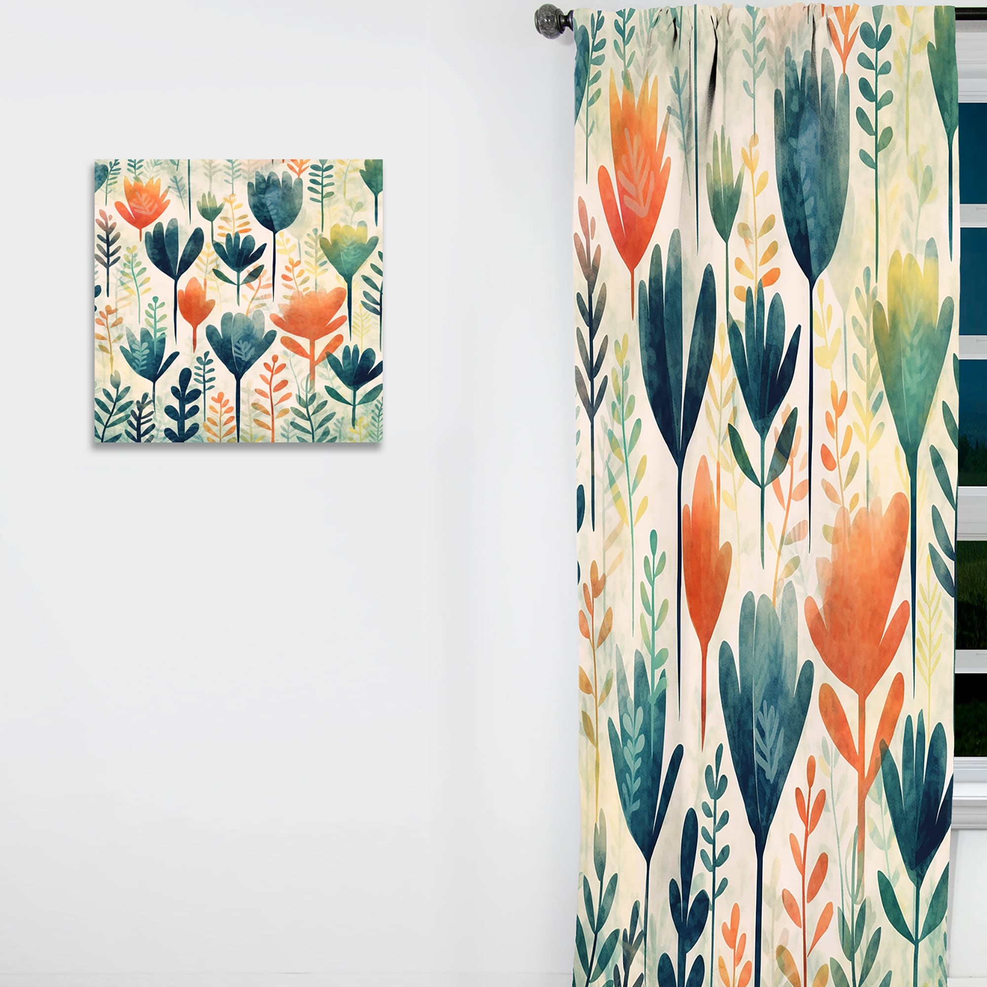 Designart "Teal Coral Scandinavia Floral Pattern" Abstract Curtain - Blackout Abstract Curtain - 1 Panel