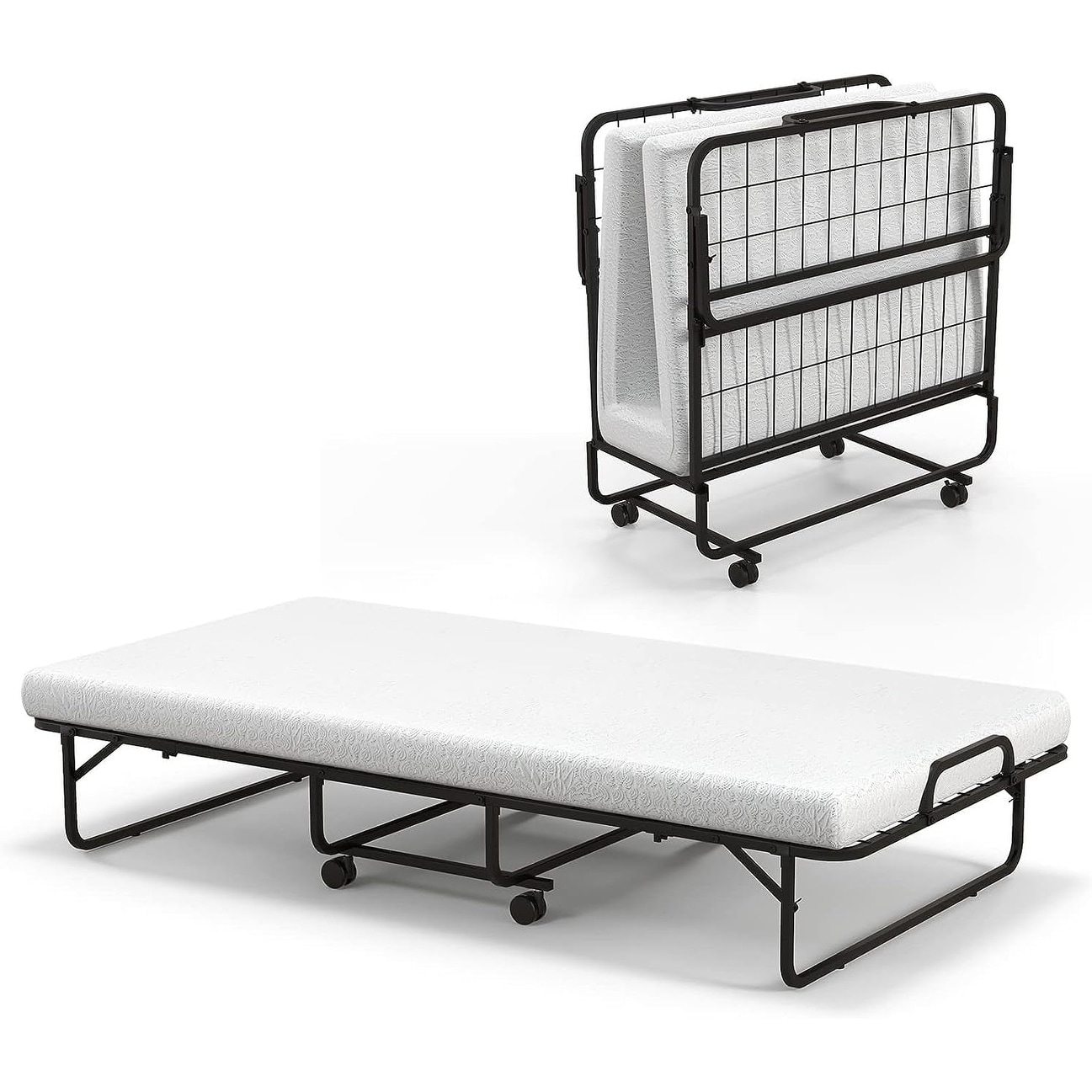 Twin Size Folding Bed with 4 Inch Mattress, Sturdy Steel Frame, Easy Storage, 4 Universal Wheels