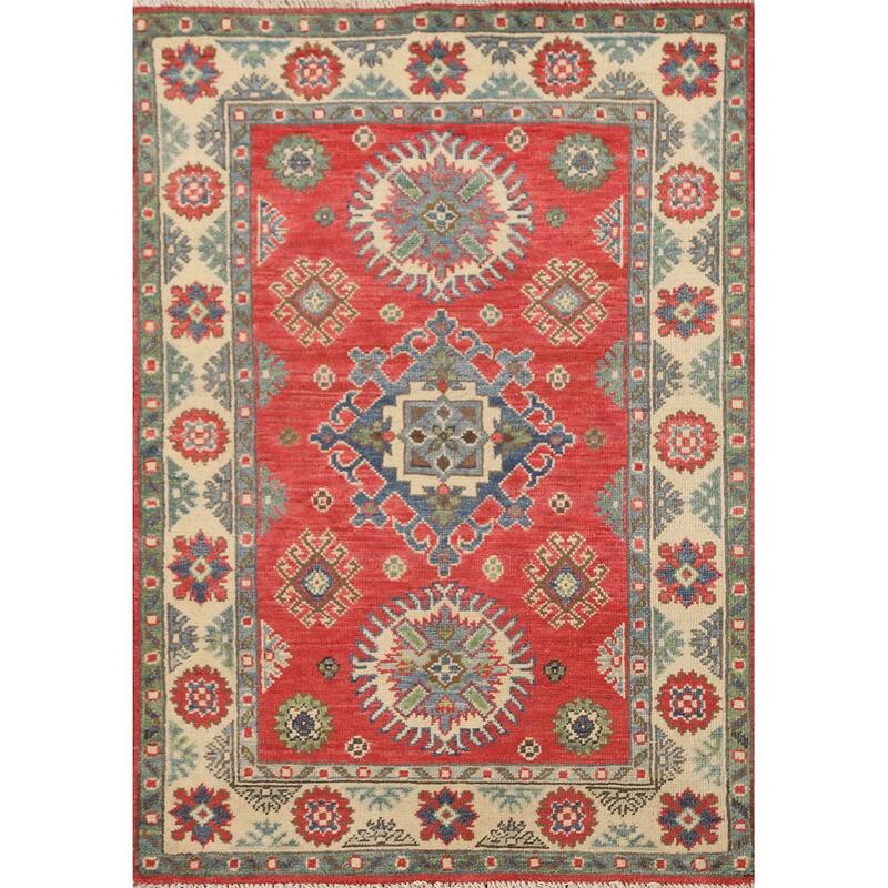 Traditional Kazak Accent Rug Hand-Knotted Red Wool Carpet - 2'7" x 4'0"