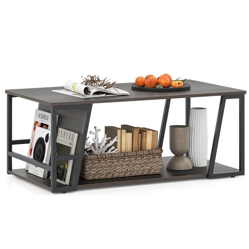 Gymax 40'' Coffee Table & 2-Tier Modern Farmhouse Center Table - Brown