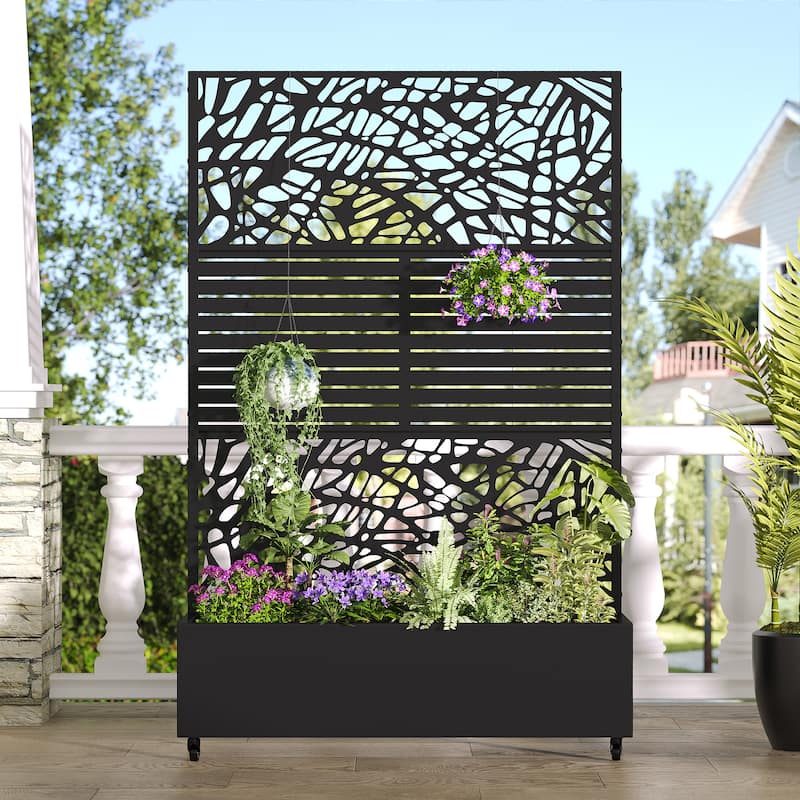 Metal Movable Planter Box with Trellis Privacy Screen Planter Box with Lockable Wheels
