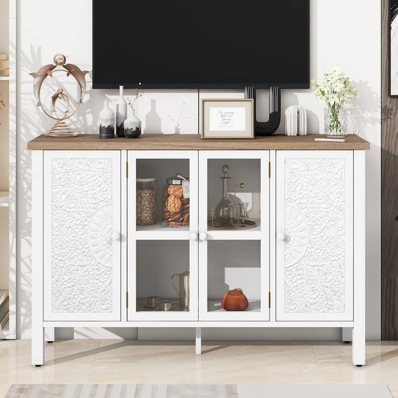 47.2" Retro TV Stand for TVs up to 43'' w/ 3 Cabinets, Glass Doors - White