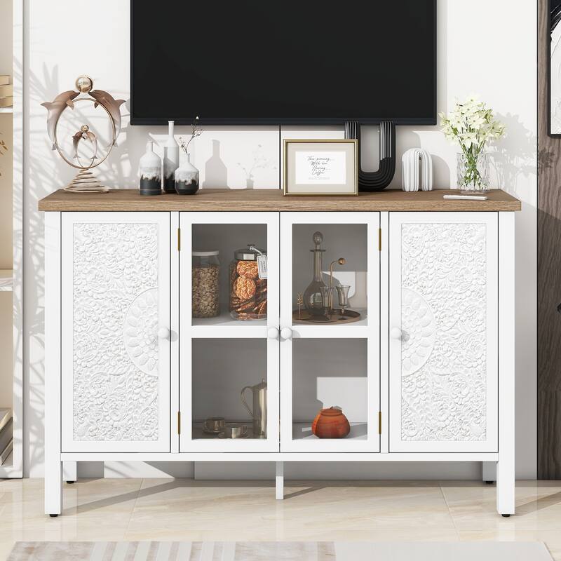 Retro TV Stand for TV up to 43 Inches with 3 Cabinets & Glass Doors - 47.2" D x 13.9" W x 30" H
