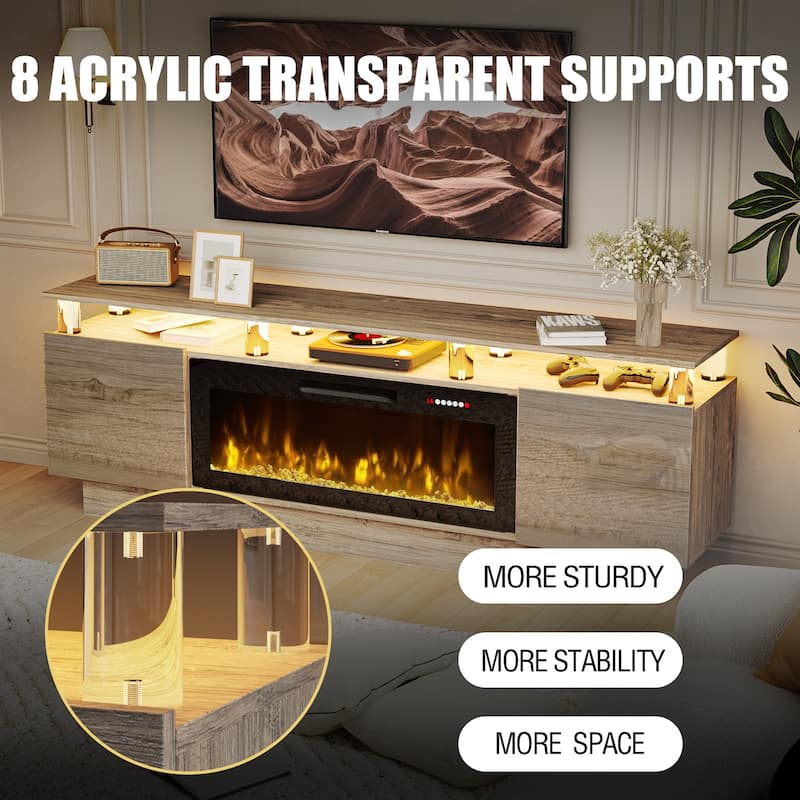 BOSSIN 70 Fireplace TV Stand with 36 Electric Fireplace， LED Light Entertainment Center Modern 2-Tier TV Console Stand