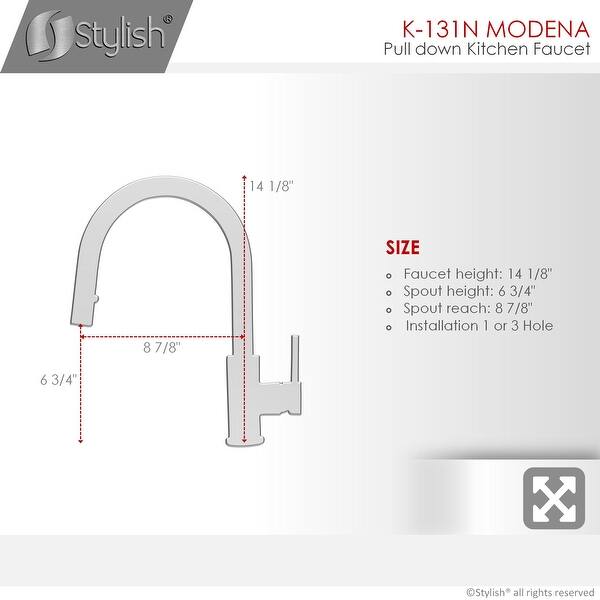 dimension image slide 1 of 3, STYLISH Kitchen Sink Faucet Single Handle Pull Down Dual Mode in Stainless Steel - Faucet Height: 14 1/8" | Spout Height: 6 3/4"