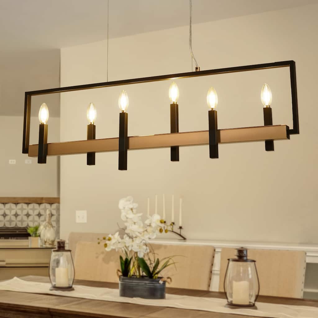 Modern Farmhouse 6-Light Black Gold Chandelier for Kitchen Island Dining Room - L39.4" x H72.7" Max