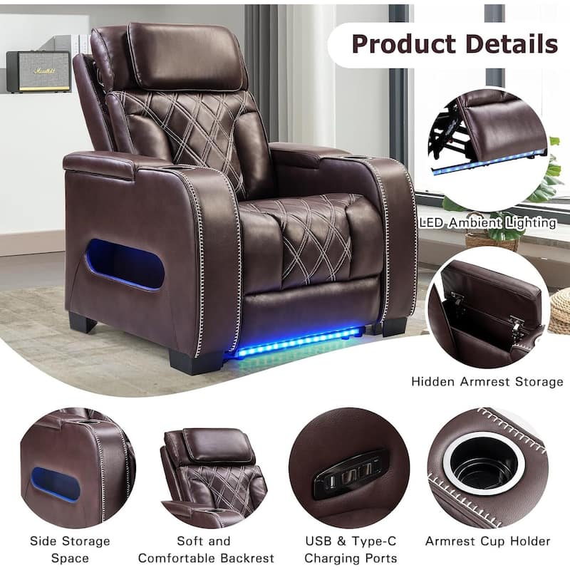 Power Recliner Chair with Adjustable Headrest, Breathable PU Leather Home Theater Seating with Ambient Lighting,Cup Holders