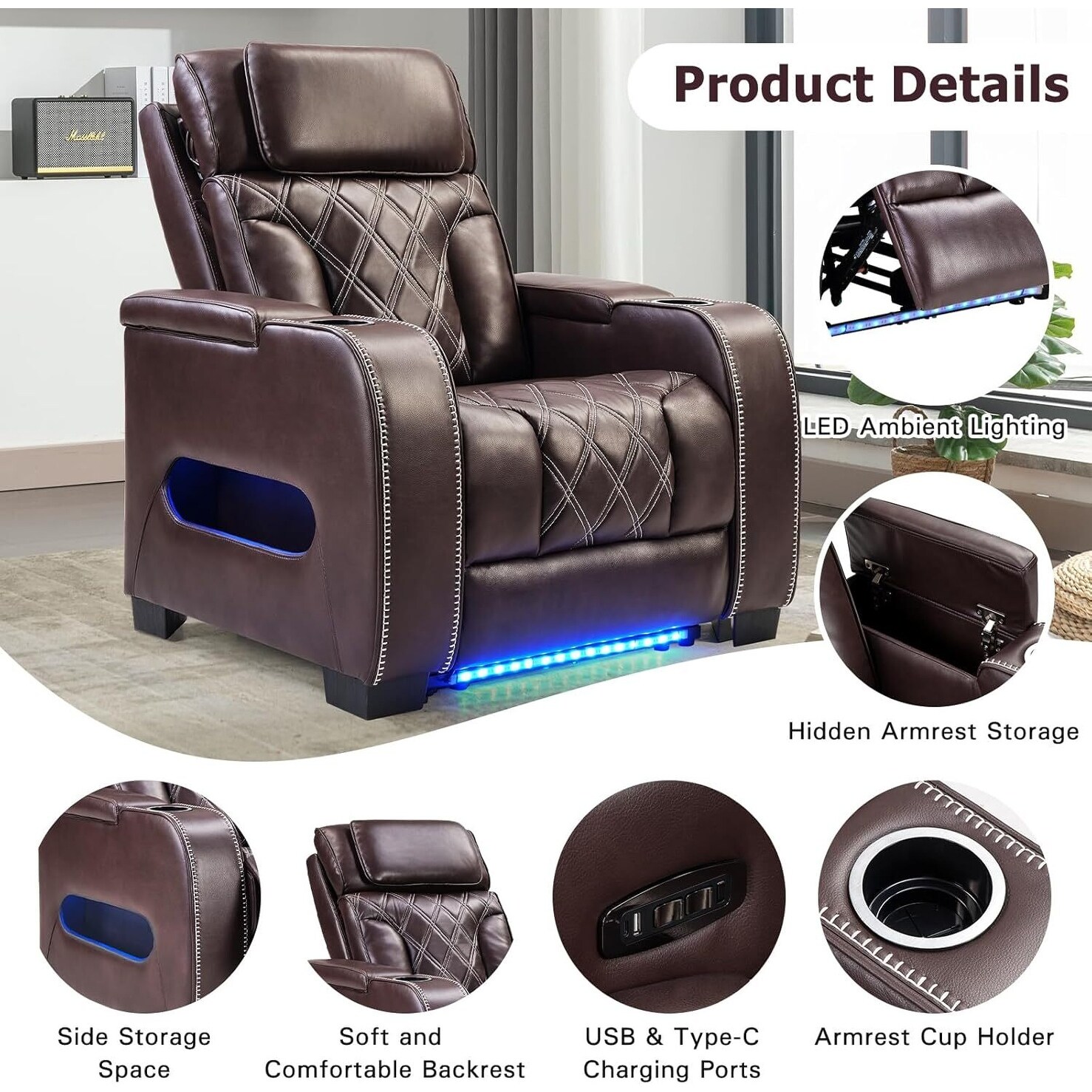 Power Recliner Chair with Adjustable Headrest, Breathable PU