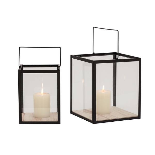 2 Piece Square Metal Frame Glass Candle Lantern Set Black Overstock 16941278