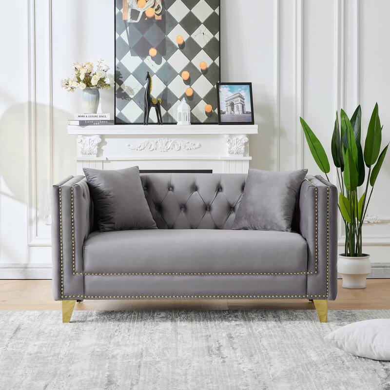 Luxury Velvet Sofa Couch Love Seat with Nailhead Trim, Square Armrest Loveseat Couch with Wood Frame