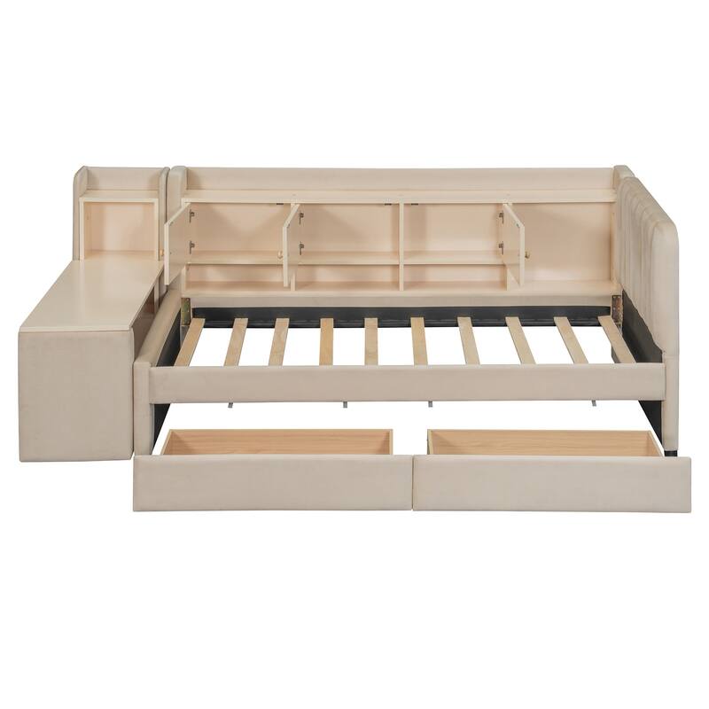 Twin Size Upholstered Daybed with Drawers, Shelves, Flip Cabinets & Side Table, Beige