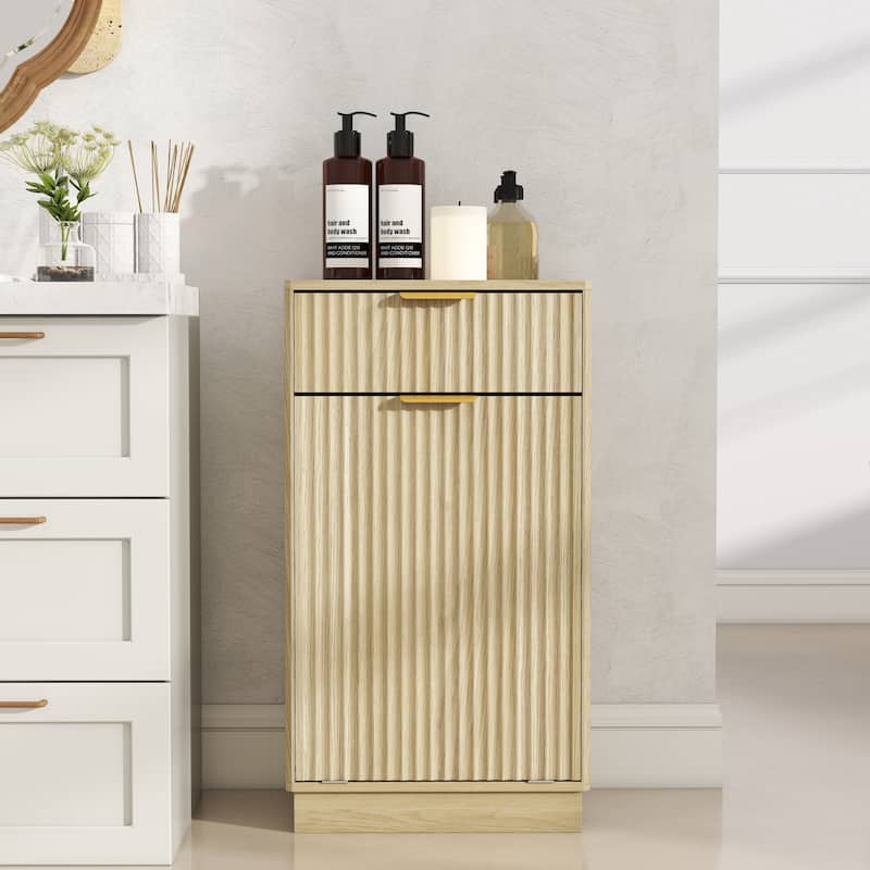 Wood Tilt-Out Accent Cabinet, Trash Can Cabinet with Wave-Textured Drawer, Stripe Storage Cabinet with Pull-Out Bin