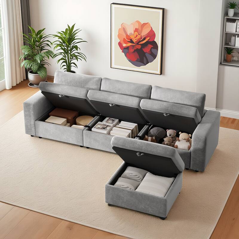 L Shaped Sectional Sofa with Storage Ottoman, Oversized Velvet Upholstered Cloud Couch, Corner Sofa with Side Pockets