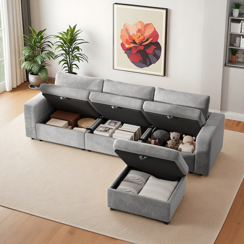 Velvet Upholstered Modular Deep Seating Couches L-shaped Chaise Sectional Sofa with Side Pockets, Storage Ottoman and Seat