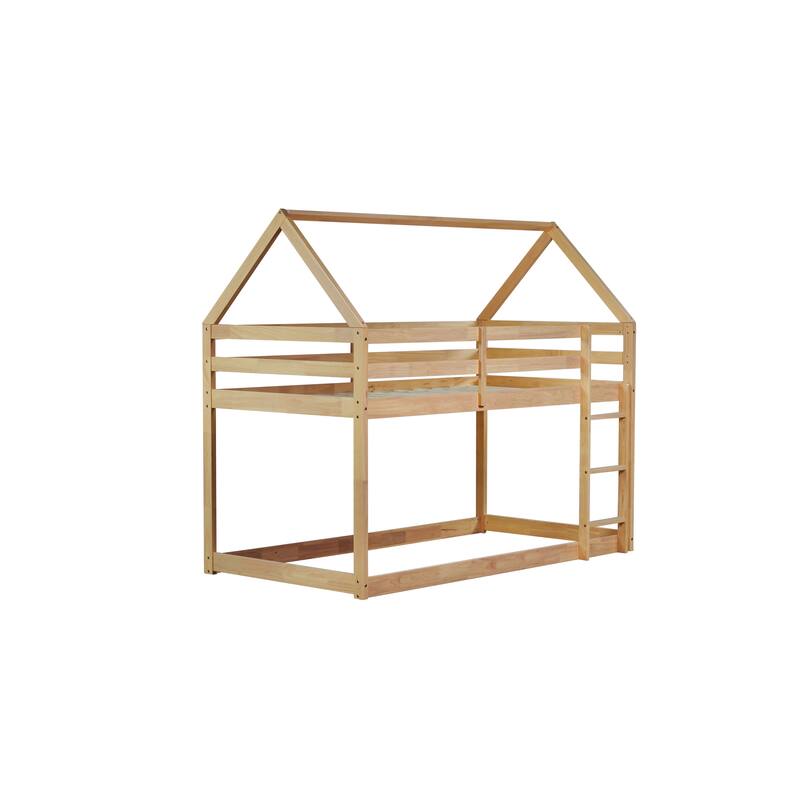 Twin over Twin Rubber Wood Floor Bunk Bed, with ladder,Guardrails,House-Shaped-Bunk Bed