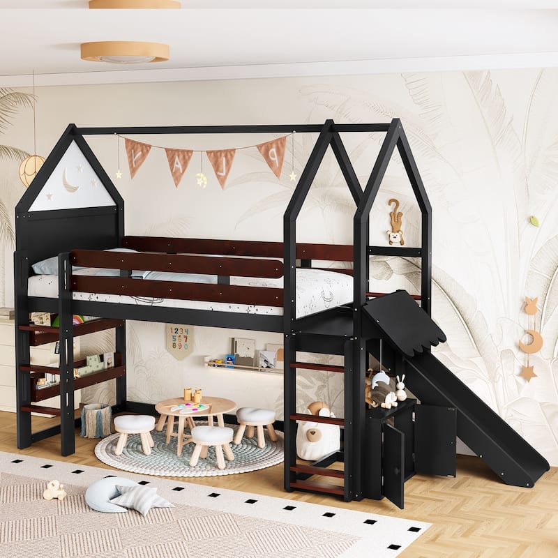 Playful House Bed Starry Moon Cottage Twin Size Loft Bed with Built-in Bookshelves, Reversible Slide and Front & Side Ladders