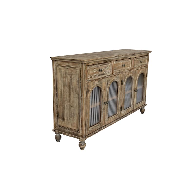 59.06"Farmhouse Sideboard Buffet Cabinet, Distressed Wood Credenza with 3 Drawers & 4 Glass Doors, Storage Cabinet with Shelves