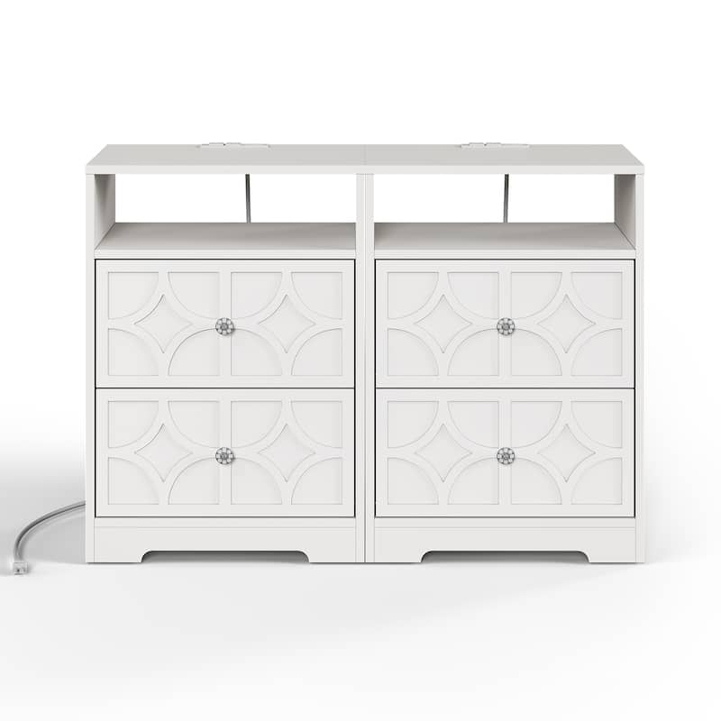 Large Night Stand with 2 Drawers and Charging Station, Set of 2 - White