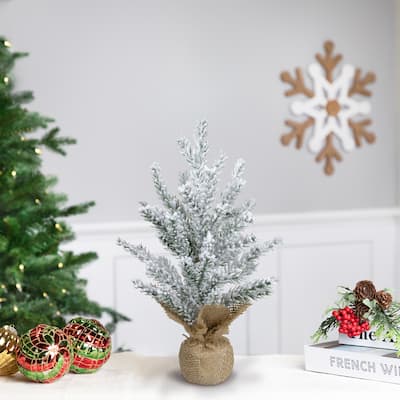 Flocked Mini Pine Slim Artificial Christmas Tree with Jute Base - Unlit - 12" - 1 Foot