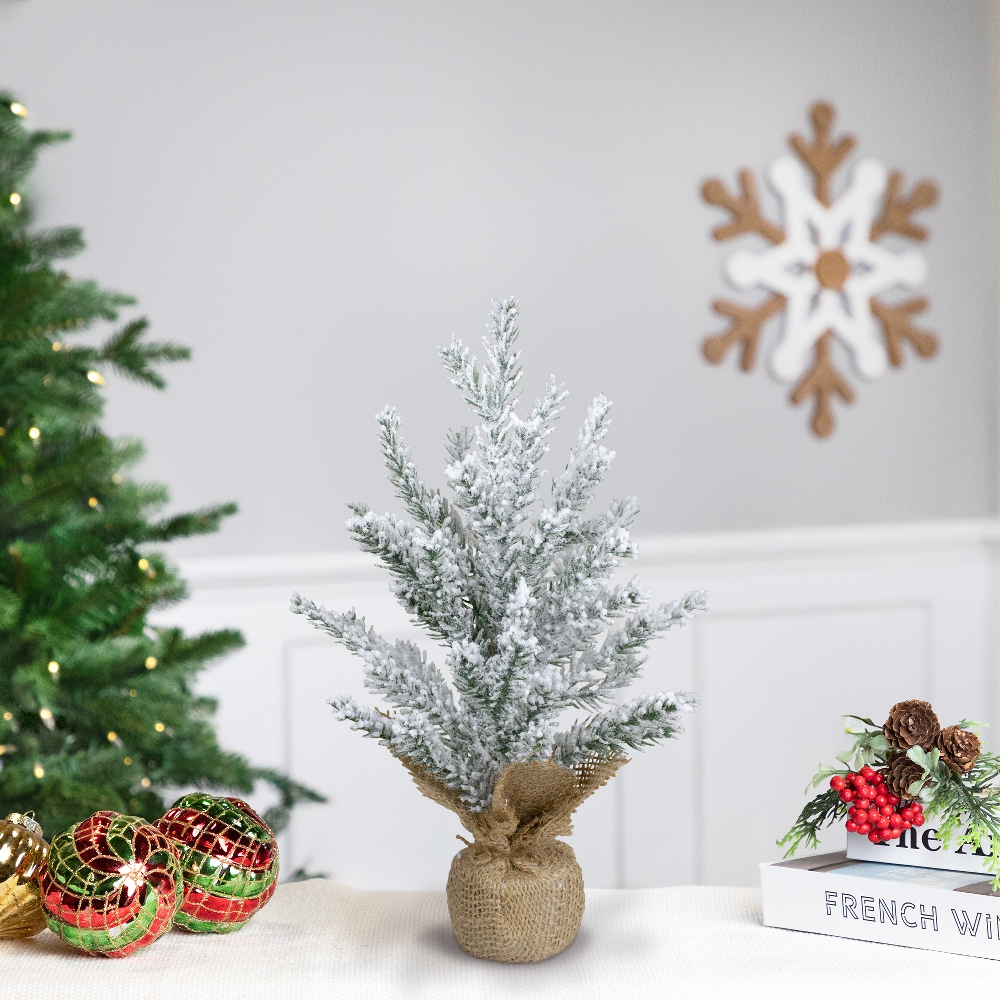 Flocked Mini Pine Slim Artificial Christmas Tree Burlap Base 12" Unlit - 1 Foot