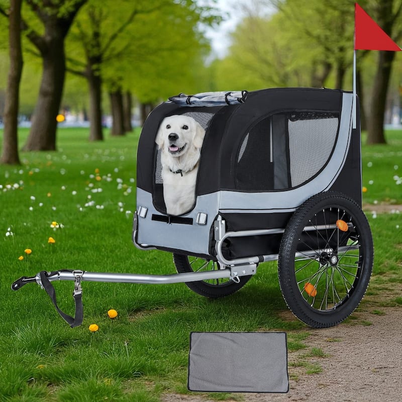 100LB Large Dog Bike Trailer - Folding Pet Carrier with Fat 20" Wheels, Extra Mat, All-Terrain Steel Frame - Black Grey