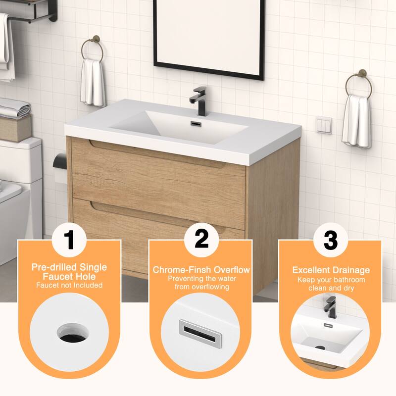 36" in. W x 26" in. D Modern Rectangular Integrated Resin Bathroom Sink Vanity Top One-Piece Design