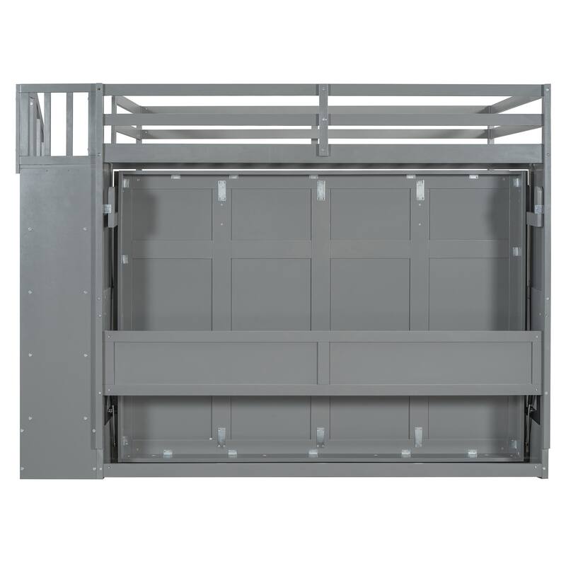 Full Size Convertible Murphy Bunk Bed with Hydraulic Lift, Built-in Desk & Storage Staircase, Space-Saving Wall Bed