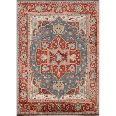 Blue & Orange Heriz Serapi Indian Area Rug Hand-Knotted Wool Carpet - 7'11"x 9'10"