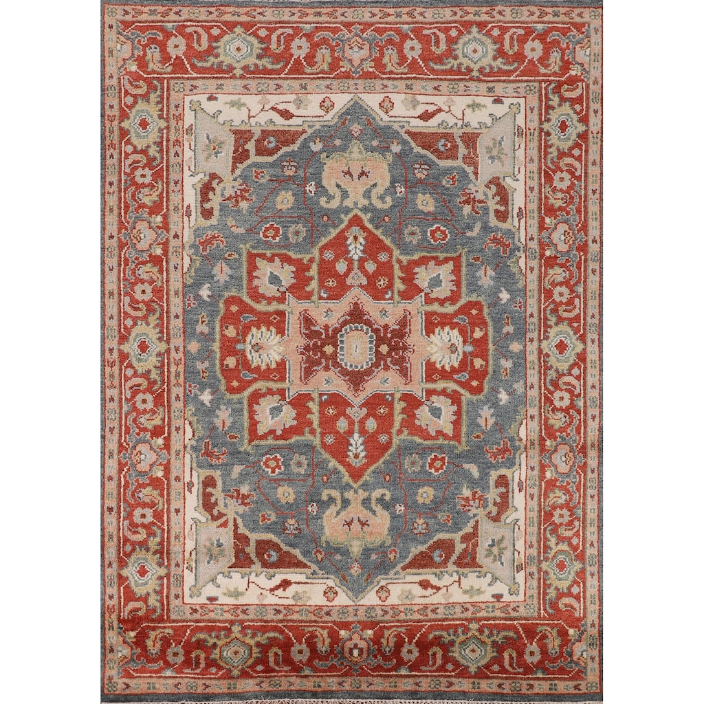 Blue & Orange Heriz Serapi Indian Area Rug Hand-Knotted Wool Carpet - 7'11"x 9'10"
